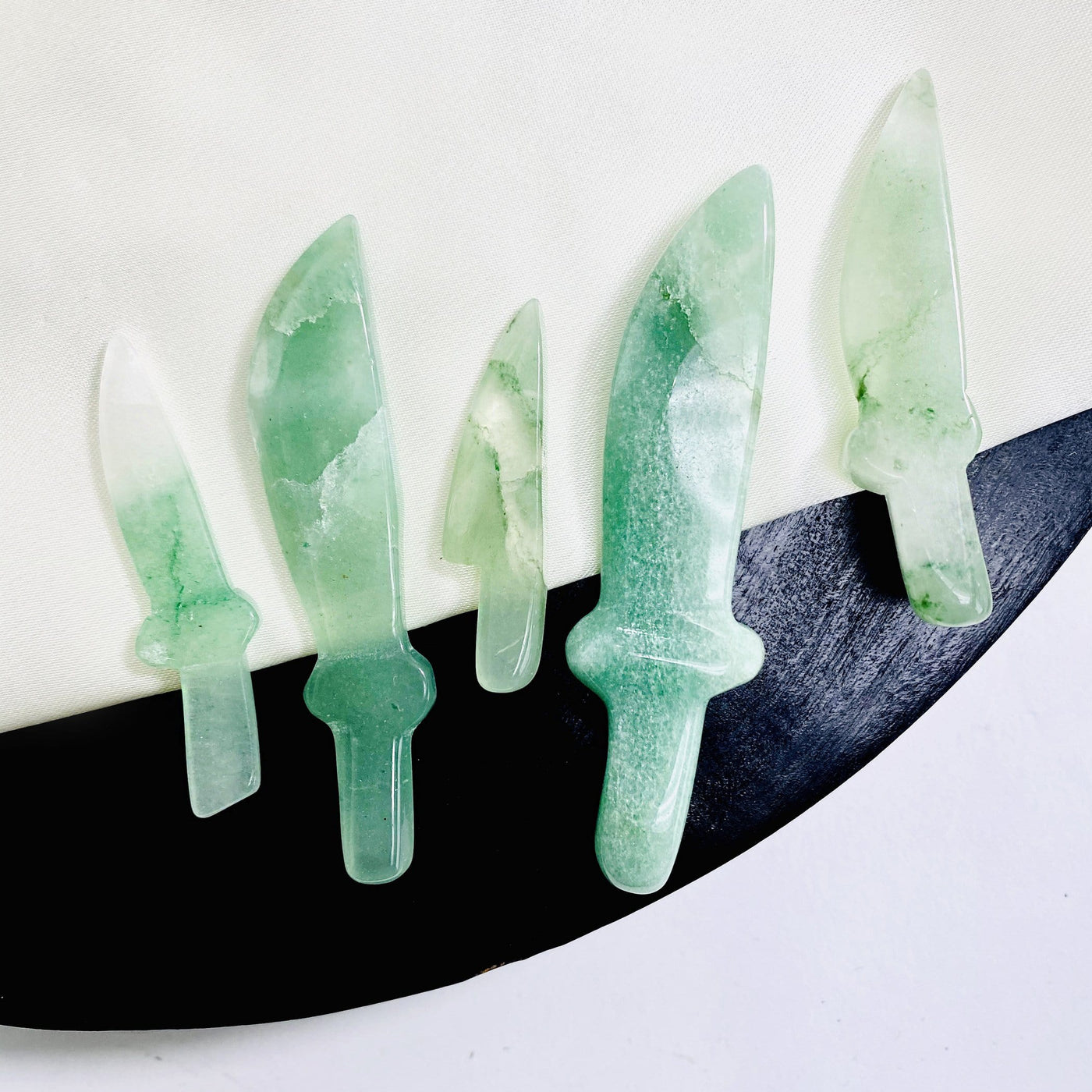 6 green quartz Crystal Gemstone Knife Cabochons showing color variations