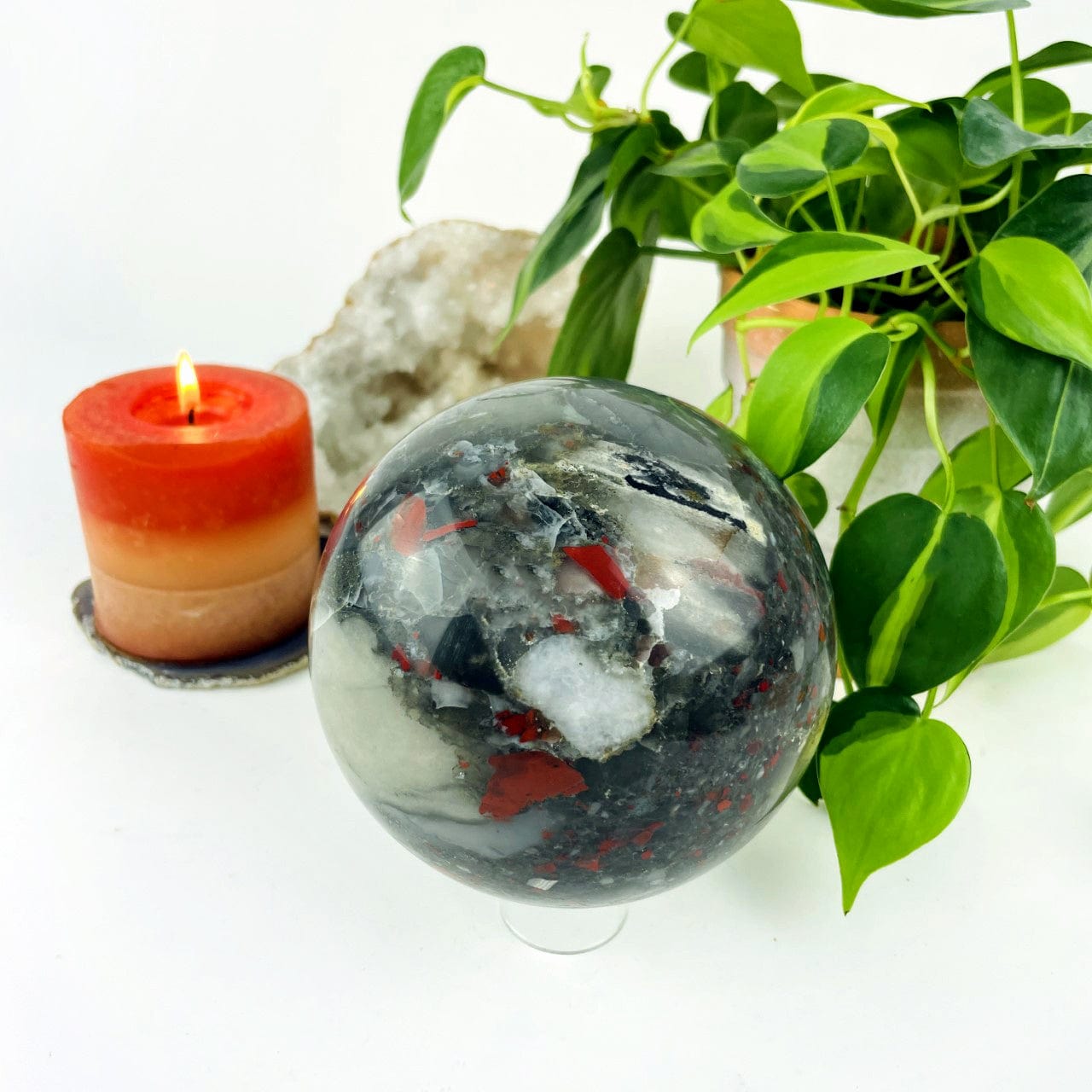 African Bloodstone Polished Sphere on display