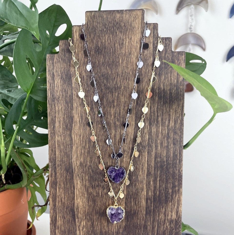 Amethyst Druzy Heart on Sweetheart Necklace with Heart Dangle Chain in  Gold and Gunmetal on a stand