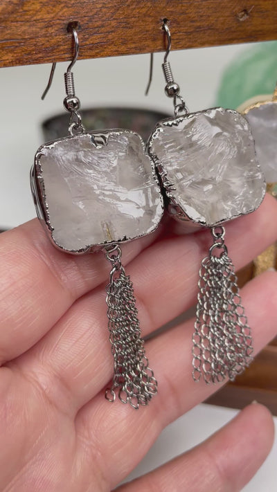 Crystal Quartz Drop Earrings with Tassel Chain - Electroplated Gun Metal, Gold, or Silver -