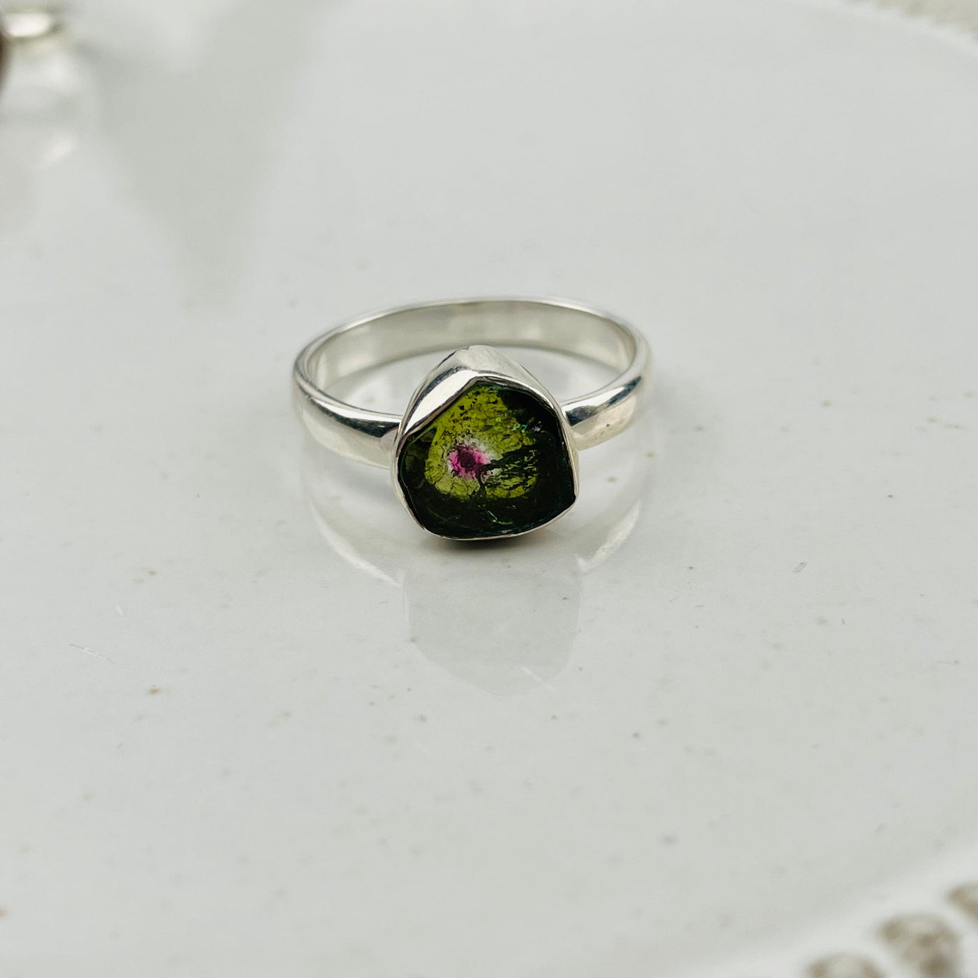 close up of the details on the watermelon tourmaline ring 