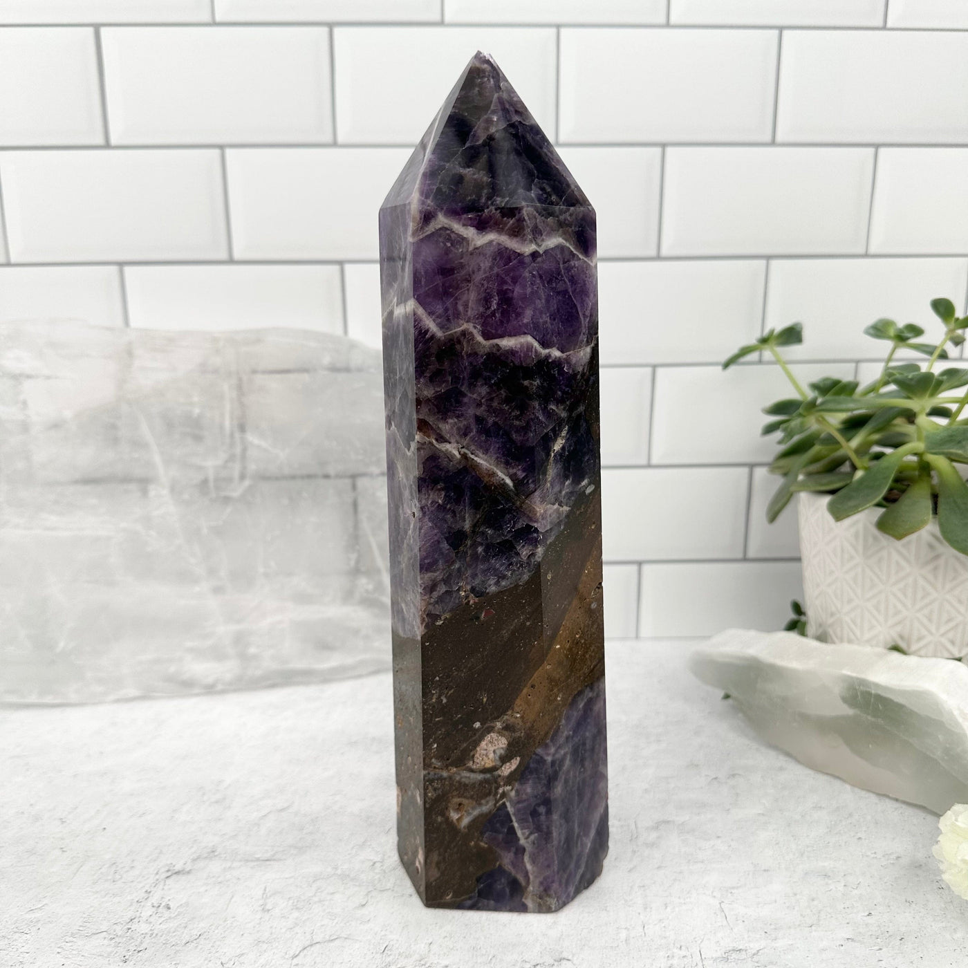 Chevron Amethyst Polished Point - front view 