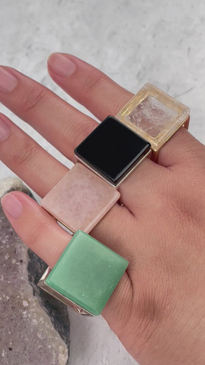 Square Gemstone Ring Crystals with Gold or Silver Plated Band - YOU CHOOSE Stone