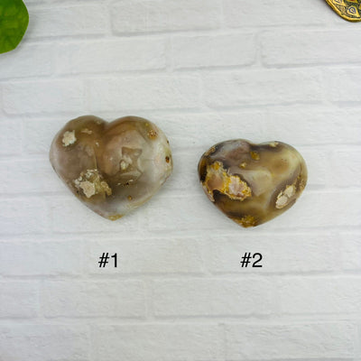Polished Flower Agate Heart - You Choose - back view of choice number one and two 