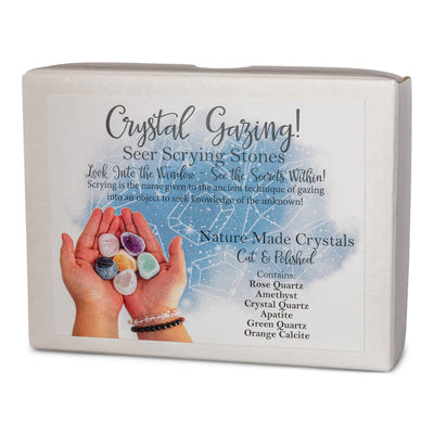 close up of box cover for crystal gazing seer scrying stone set 