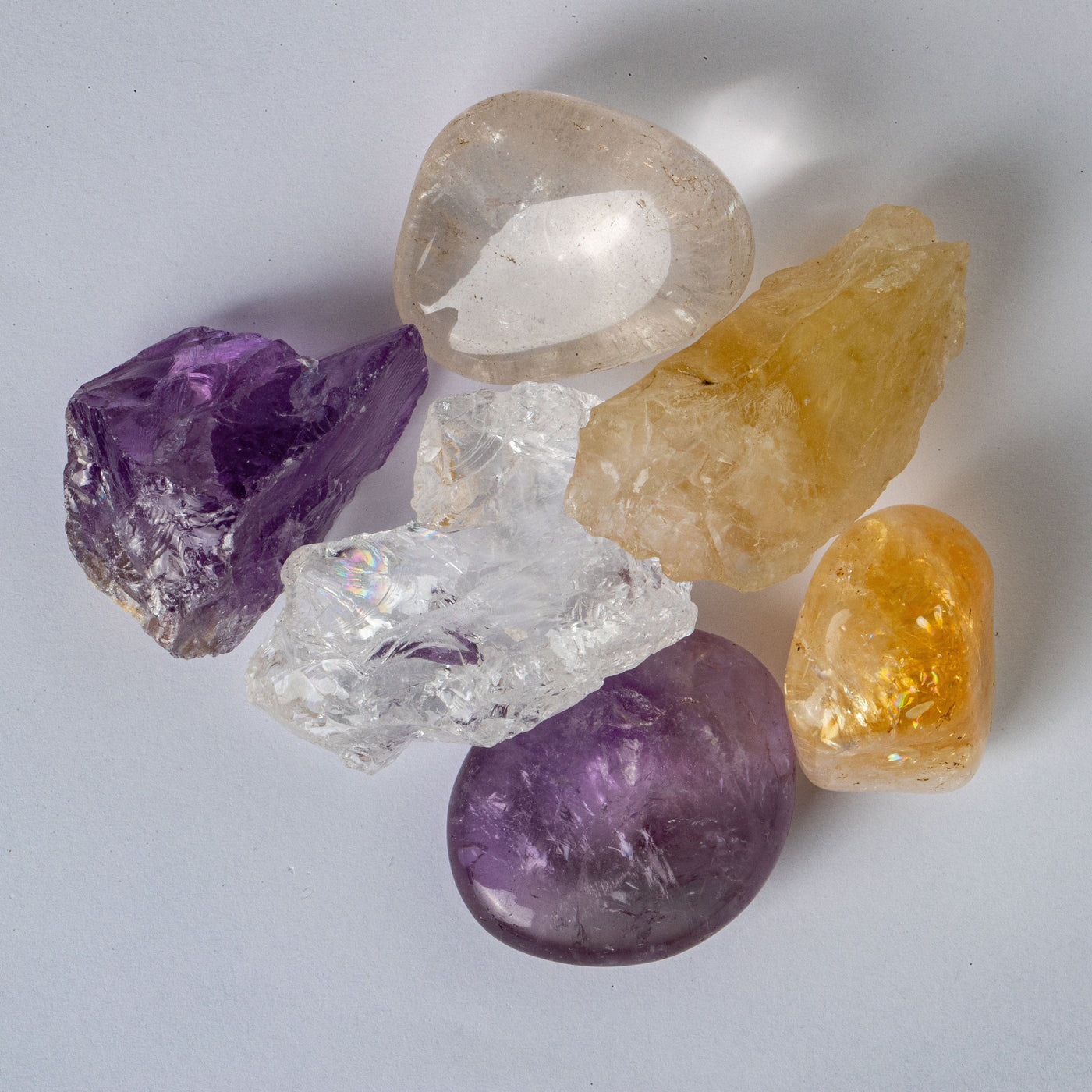 Triple Energy Set of Quartz, Amethyst and Citrine Tumbled and Rough up close