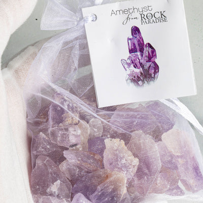 Amethyst Stones - Tied & Tagged in an Organza Bag up close