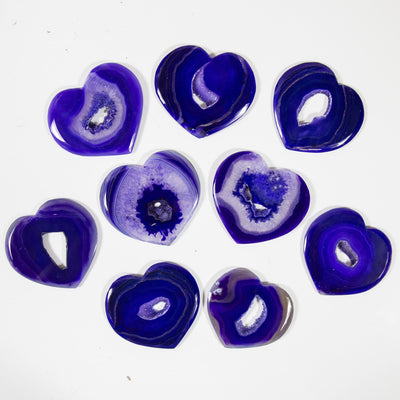 purple agate hearts on white background