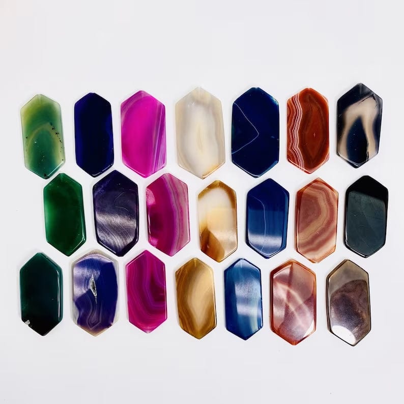 Long Hexagonal Shaped Agate Drilled for Bail, shown in assorted colors available