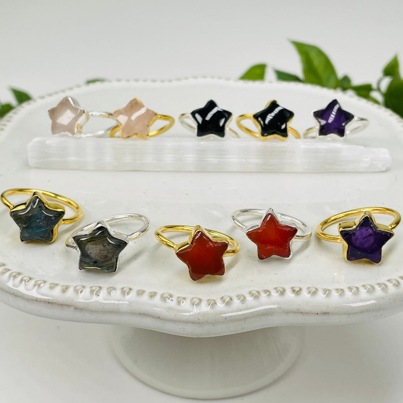 gemstone star rings come in sterling silver or gold over sterling silver 