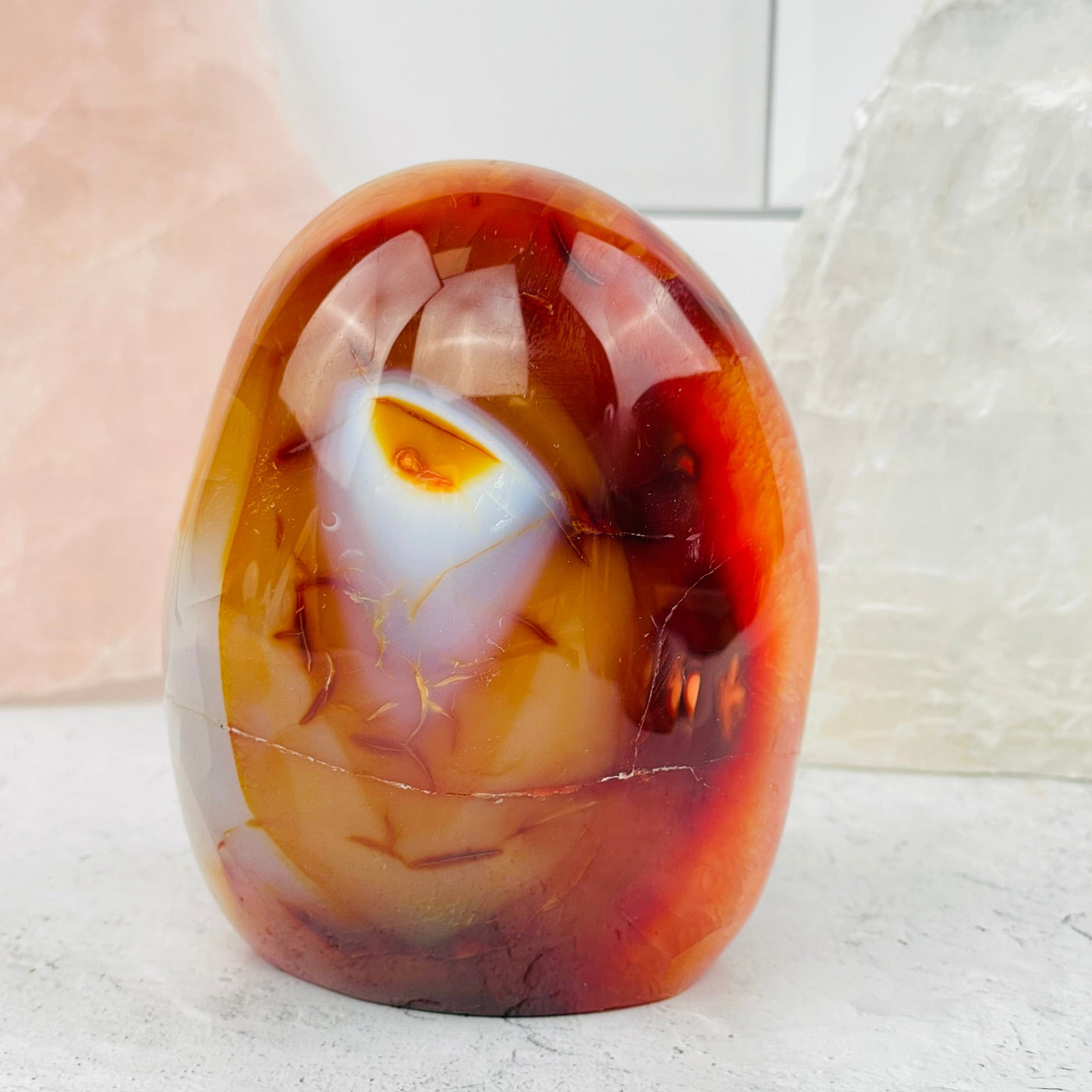 Carnelian Polished Cut Base displayed as home decor 