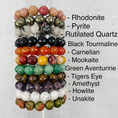 bracelets displayed next to their crystal names 