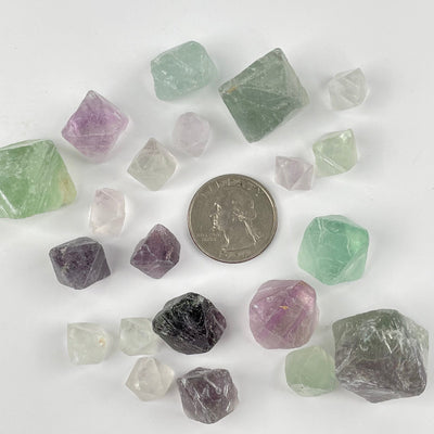 Rainbow Fluorite Octahedron Cubes next to a quarter for size reference 