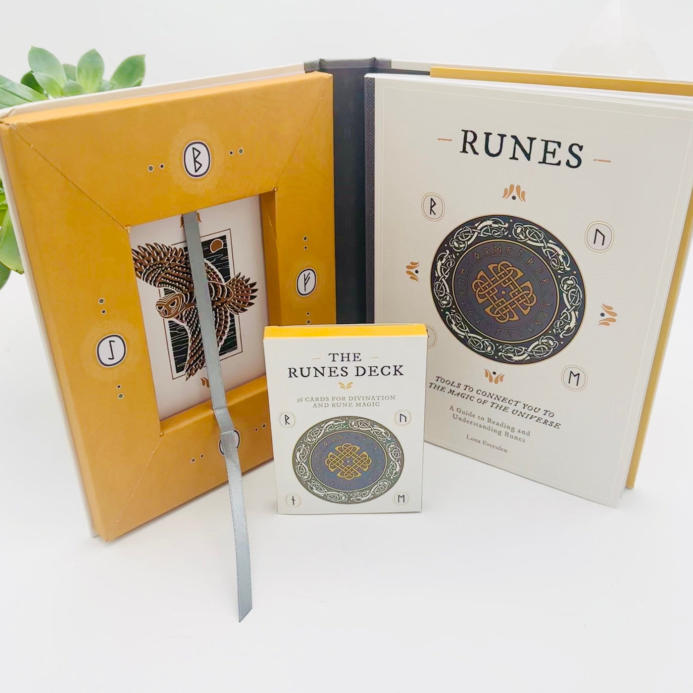 The Runes Box - inside and front view of book and cards