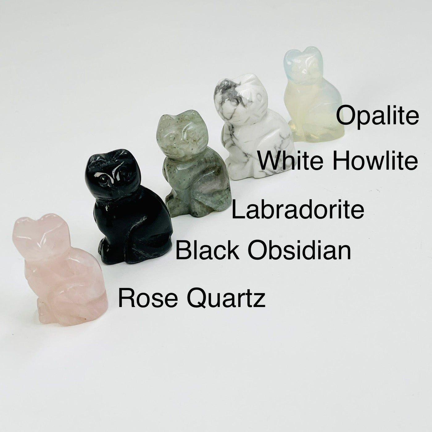 engraved gemstone cats available in opalite, white howlit, labradorite, black obsidian and rose quartz 