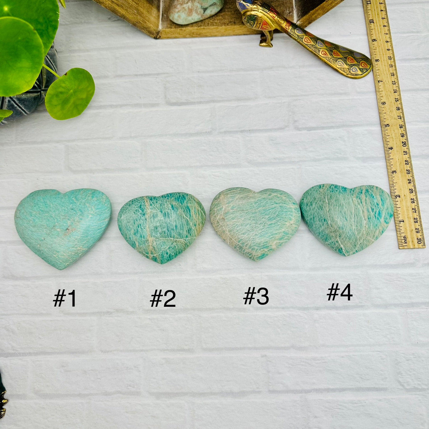 Polished Amazonite Heart - YOU CHOOSE - all four choices next to a ruler for size refence 