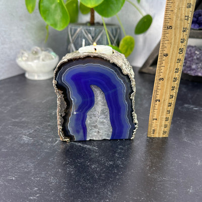 Purple blue Agate Candle Holder With Electroplated Silver - with ruler for size reference 
