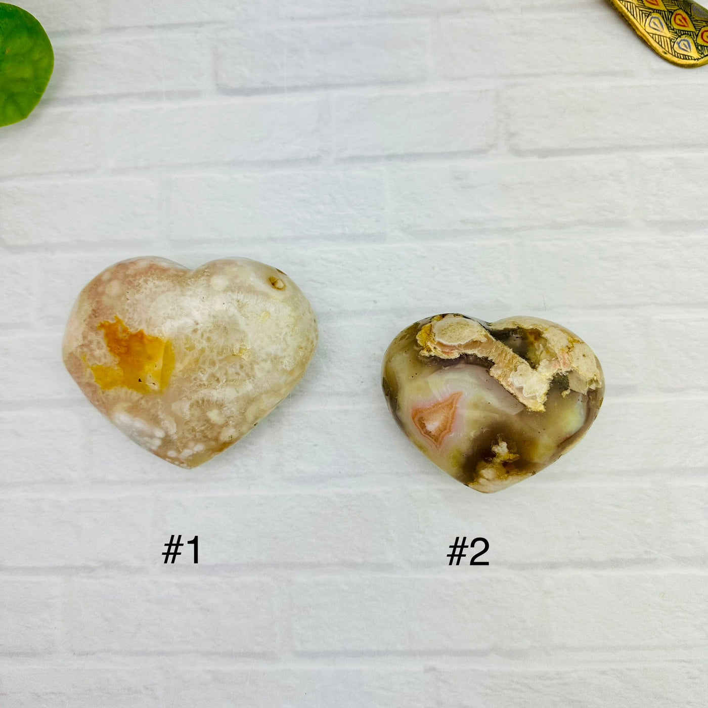 Polished Flower Agate Heart - You Choose - top view of both choices