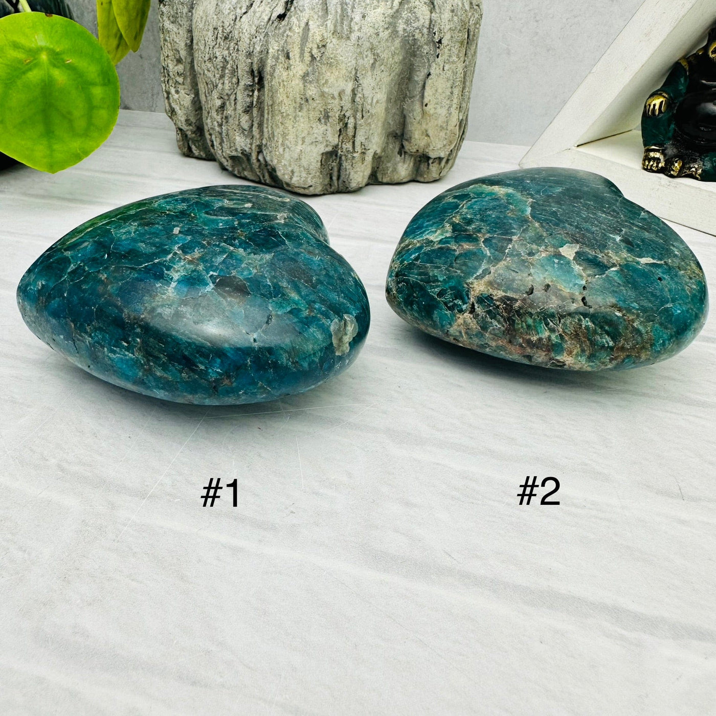 Polished Blue Apatite Hearts - YOU CHOOSE  - both choices laying flat showing thickness for reference 