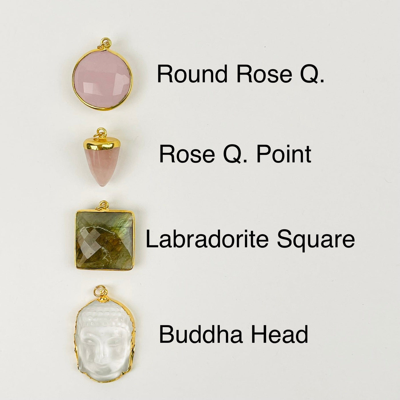charms and pendants displayed with their stone name
