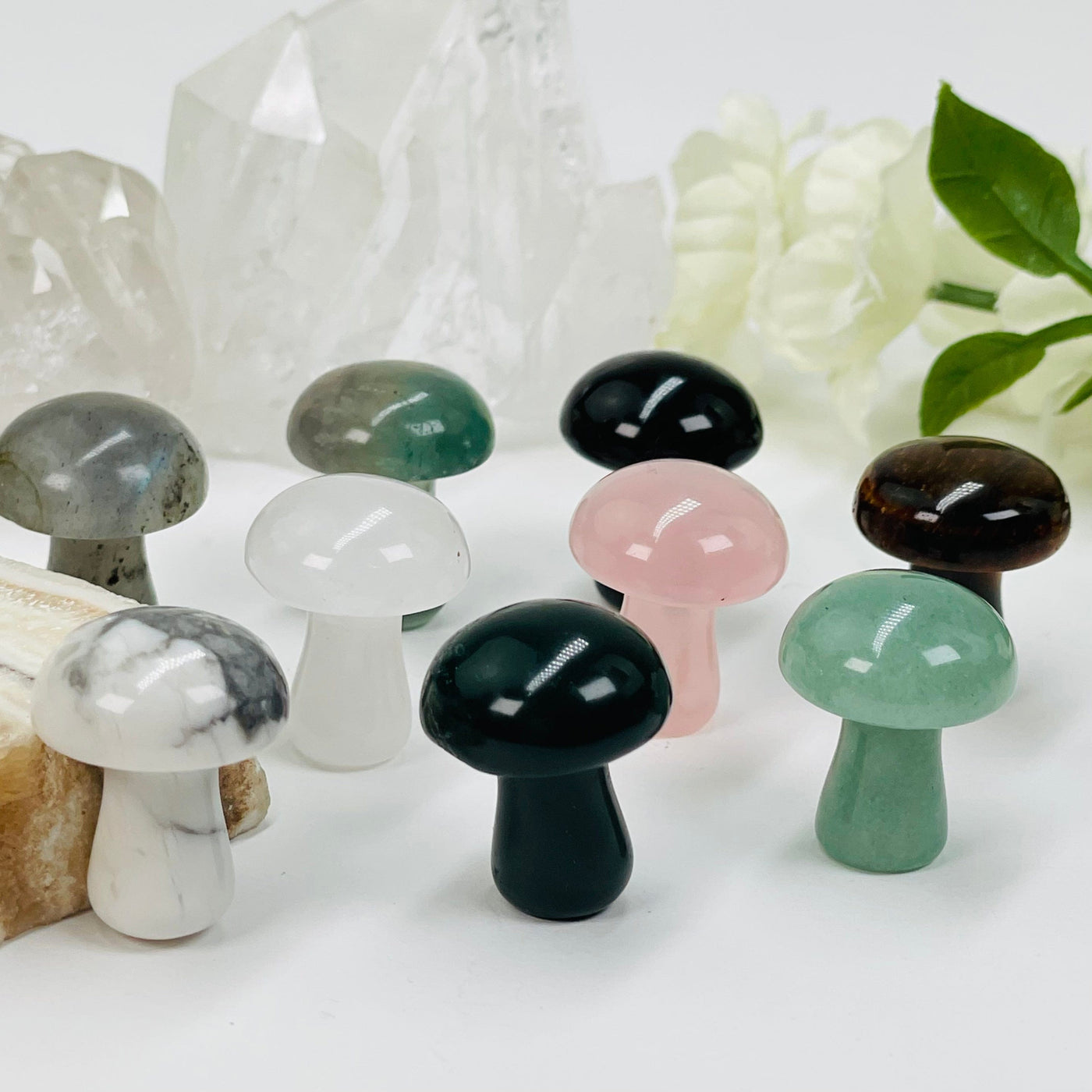multiple little mushrooms displayed to show the differences in the gemstone types 