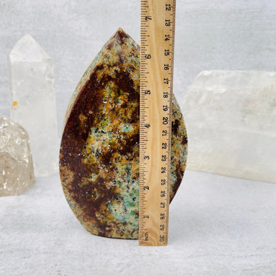 Amazonite Polished Flame next to a ruler for size reference 