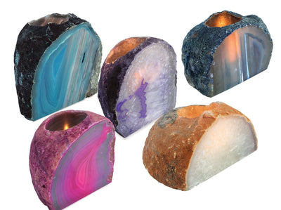 Front facing assorted Agate Candle Holders to show color variation.