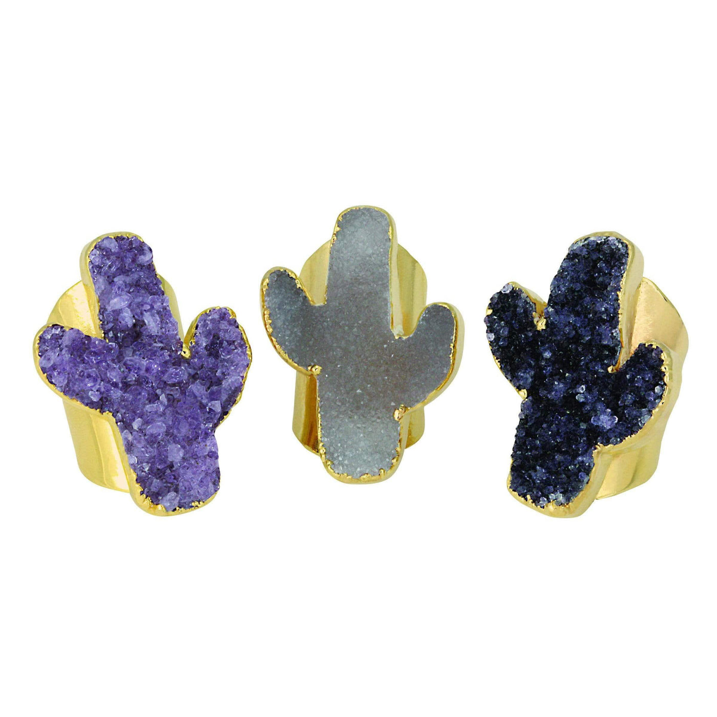3 Druzy Cactus Ring with 24k Gold Electroplated Cigar Band displayed on white background showing various shades of purples gray white tones