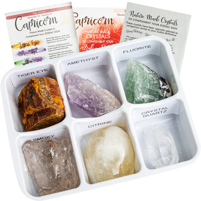 Photo of six crystals contained in the capricorn horoscope box.
