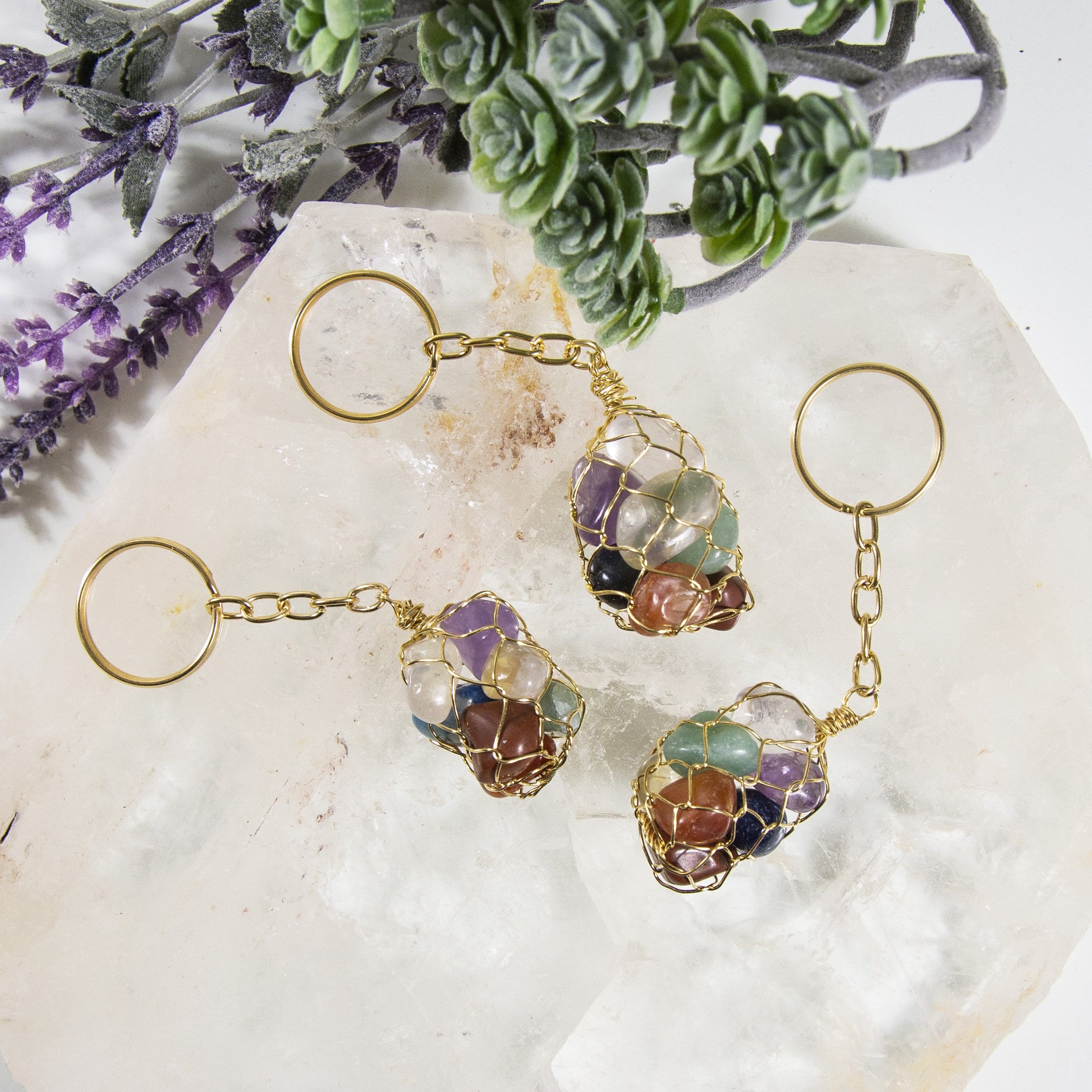 Key Chain With Little Rocks Seven Stone Chakra Tumbled Stone Keychain - Gold and Silver Toned Keyc ...