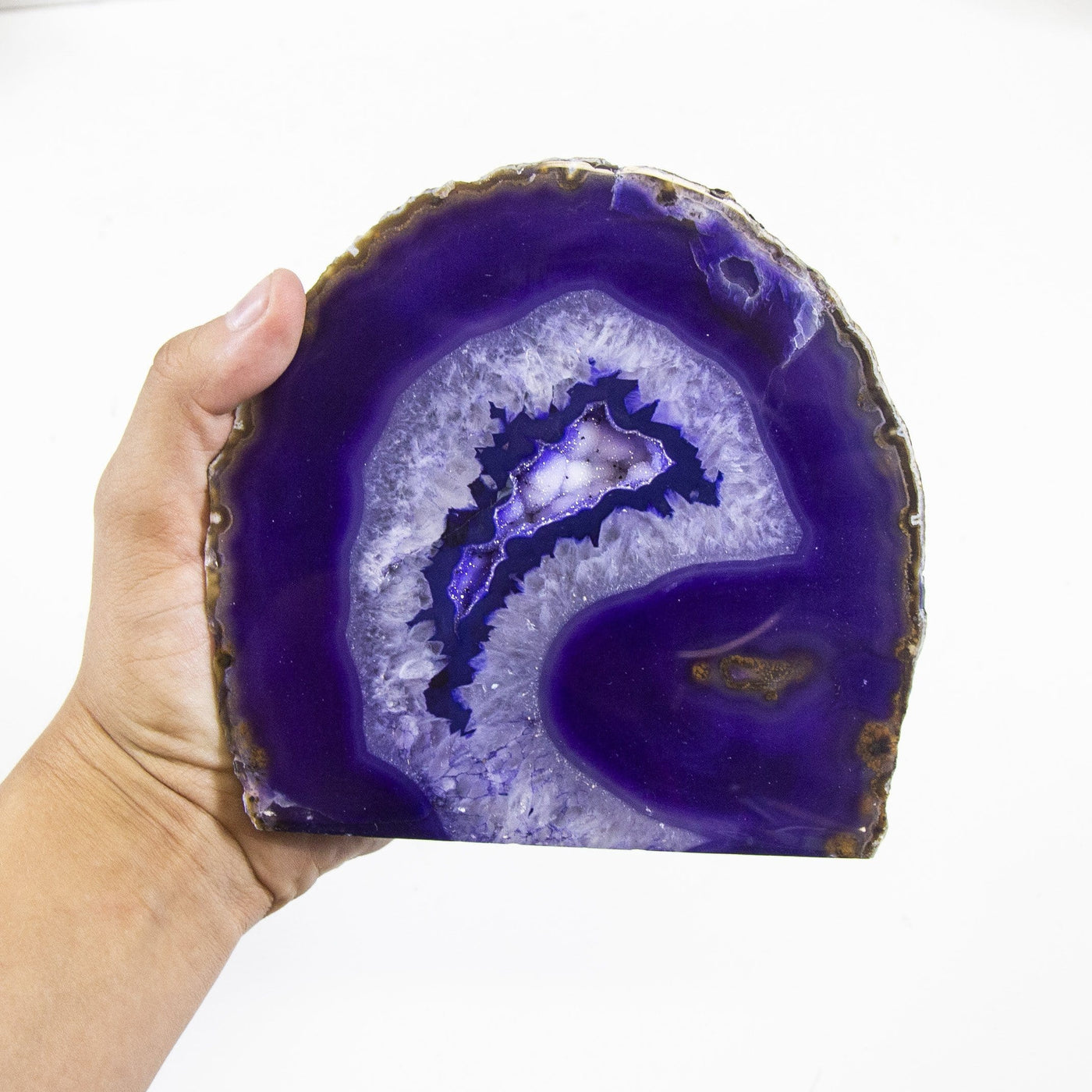 One purple Agate Half Geode Druzy in a hand with a white background.