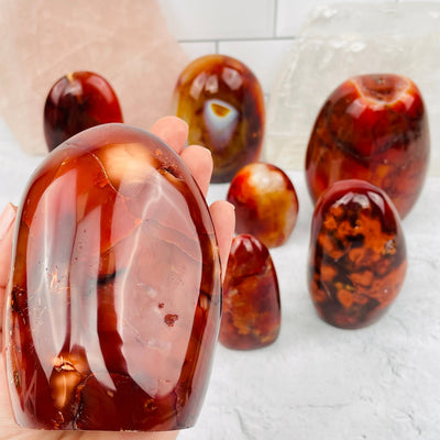 Carnelian Polished Cut Base in hand for size reference 