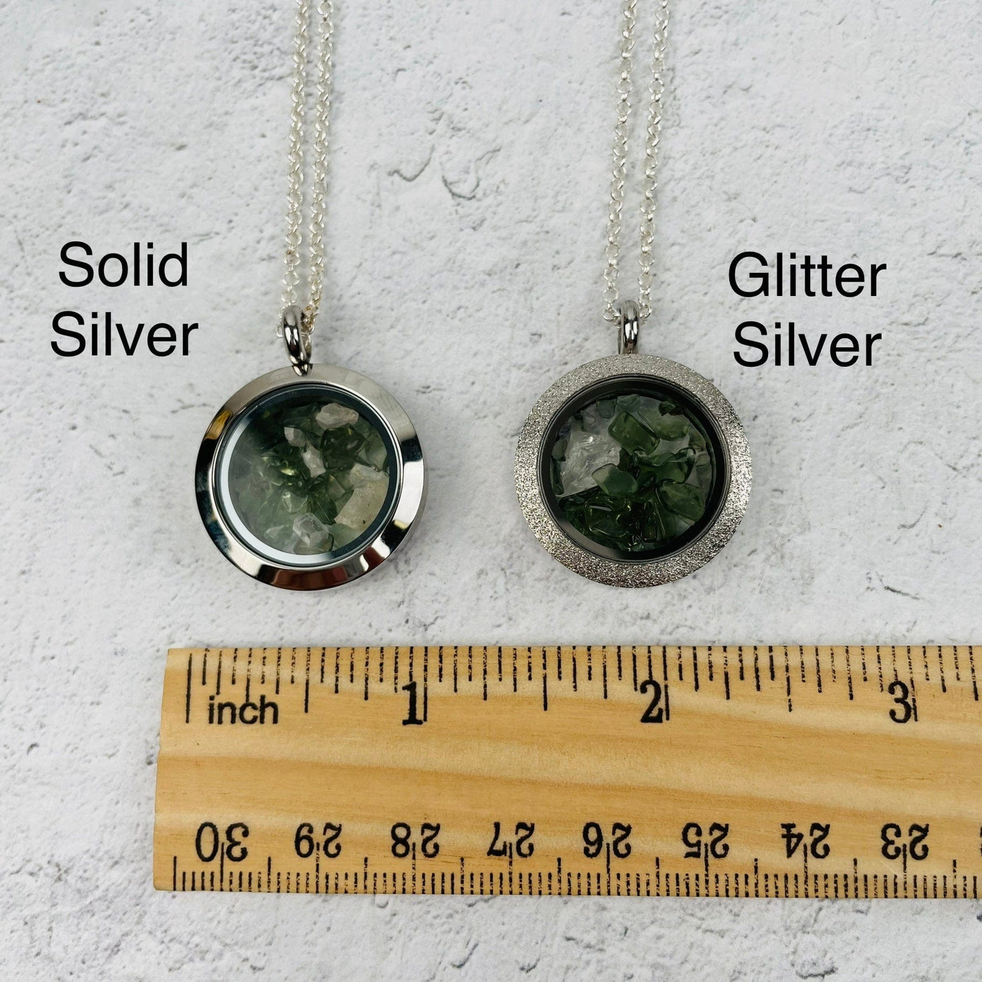 pendants available in solid silver or glitter silver 