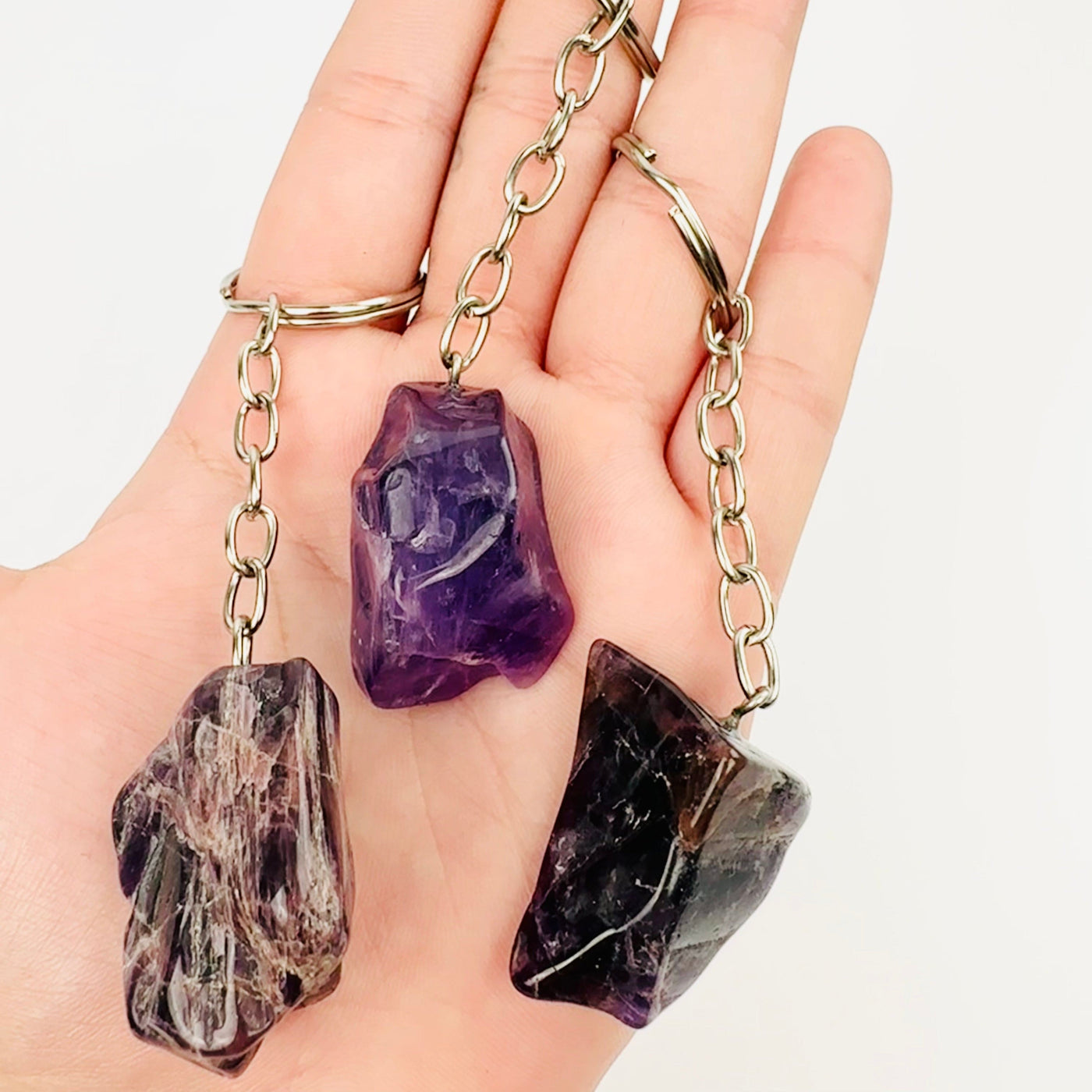 Amethyst Polished Freeform Silver Toned Key Chain - Tumbled Purple Stone - three key chains on hand for size reference 