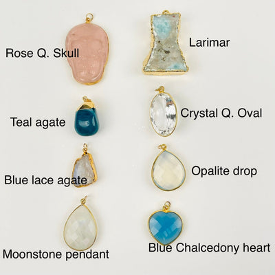 charms and pendants displayed with their stone name 