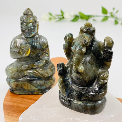 carved labradorite buddha and ganesha set as home decor 