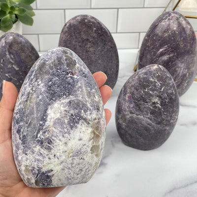 Lepidolite Polished Cut Base in hand for size reference 