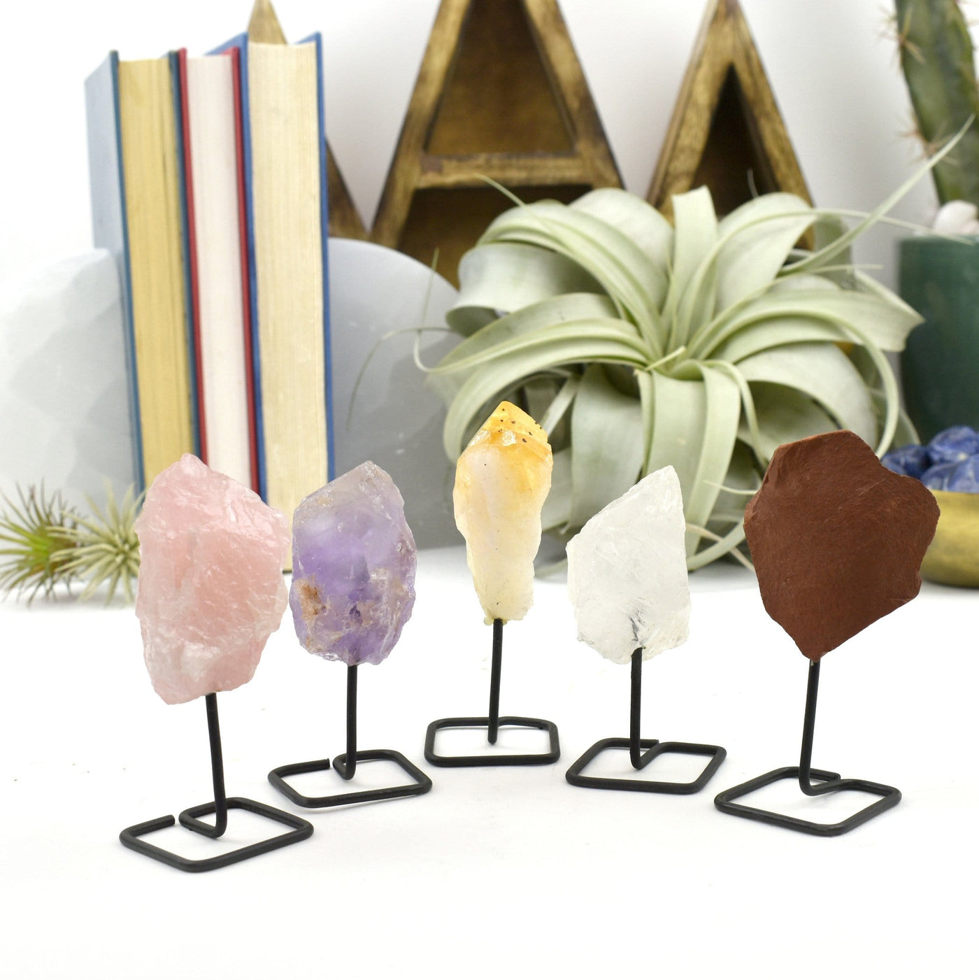 Natural Crystal Decor - Rough Stone on Metal Stand - 5 stones on a table