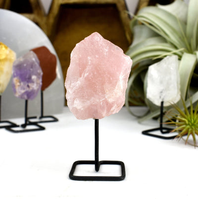 Natural Crystal Decor - Rough Stone on Metal Stand - rose quartz