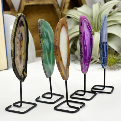 All of our variations for agate slices on metal stands are being shown in this picture.