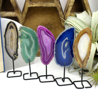 All of our variations for agate slices on metal stands are being shown in this picture.