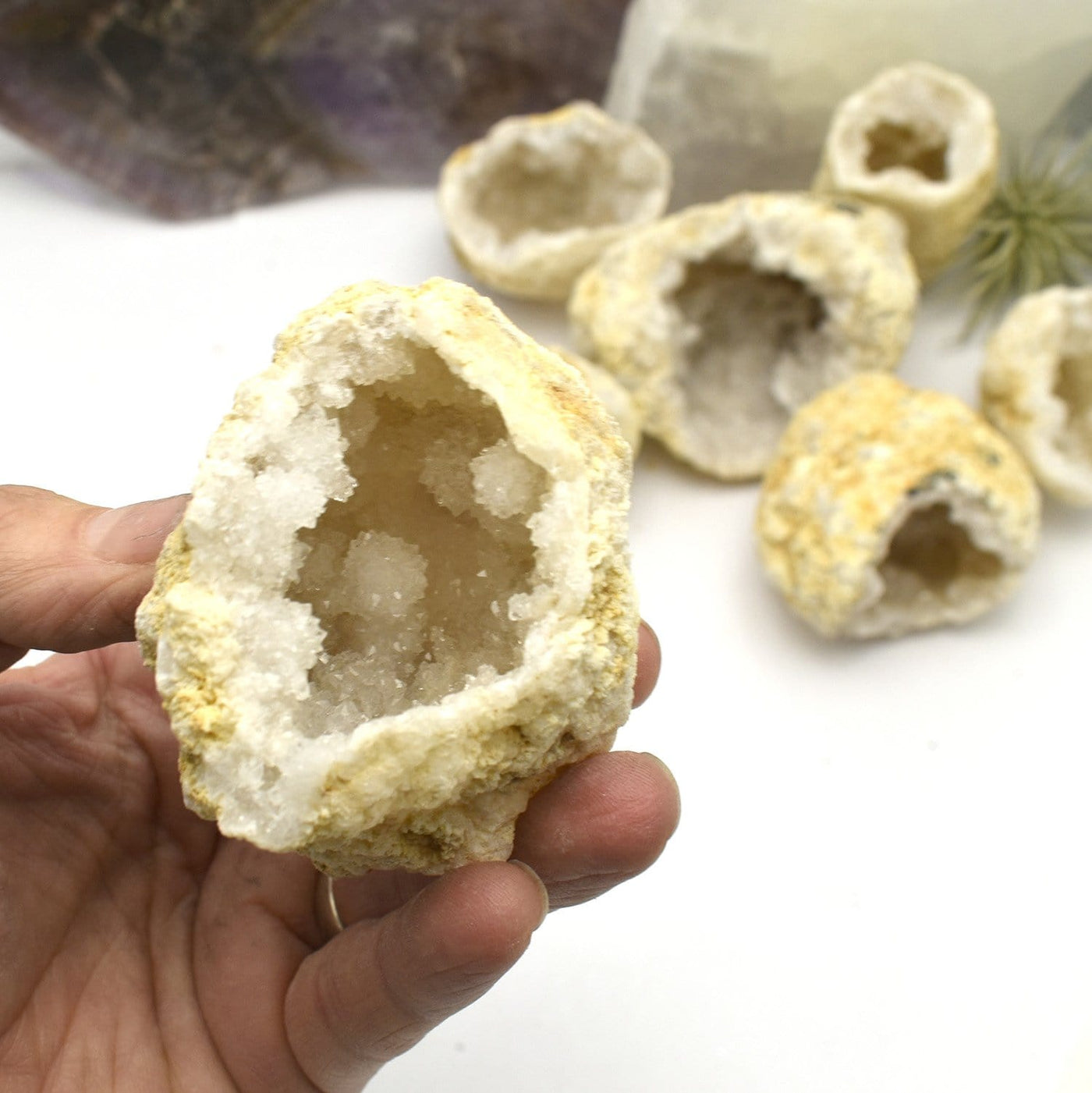 hand holding up White Druzy Geode with others blurred in the background