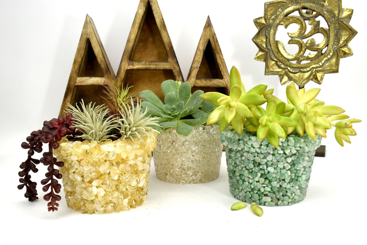 tumbled stone flower pots available in citrine, crystal quartz and green aventurine 