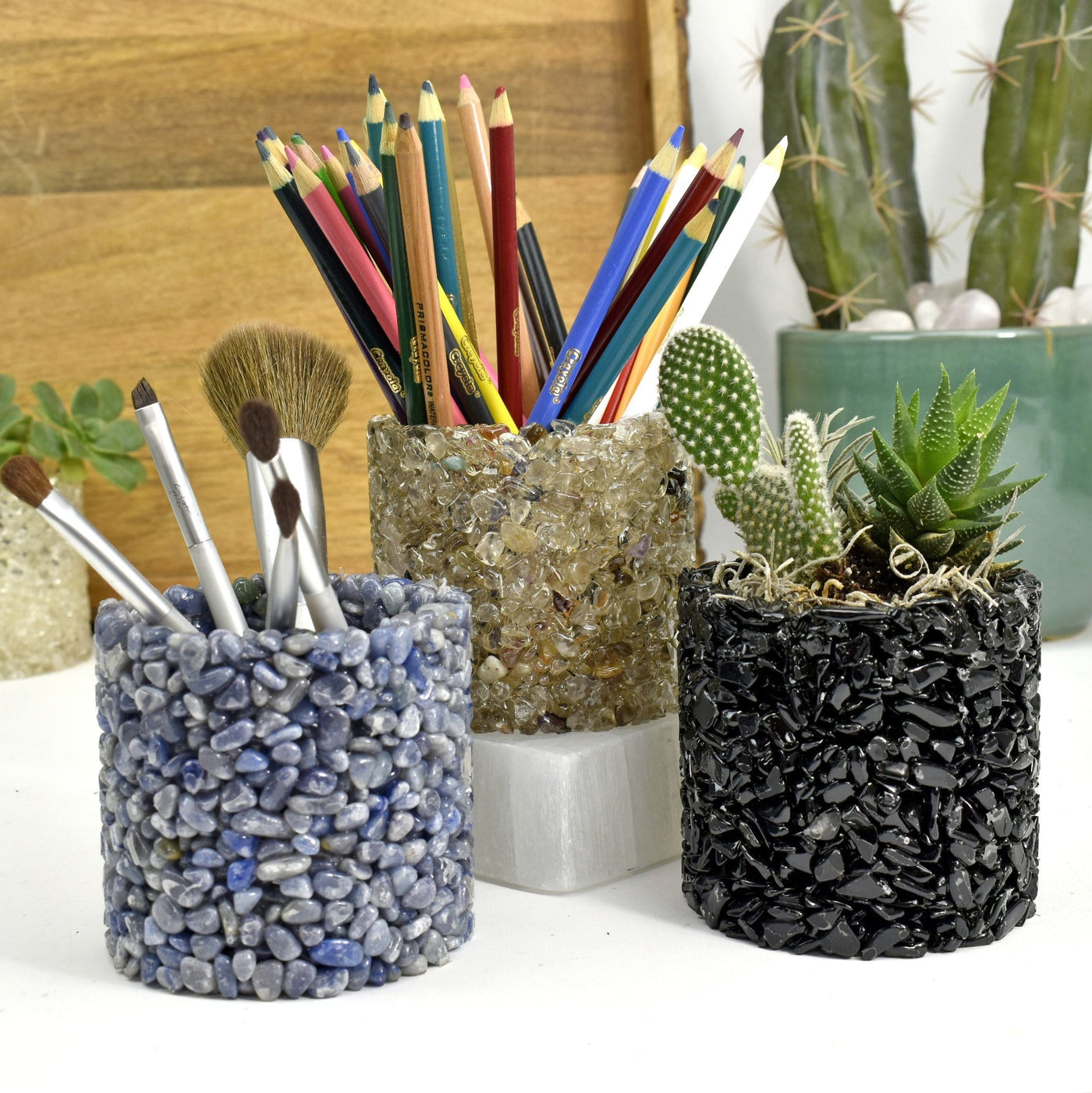 3 Tumbled Stone Pot Holder for plants, pens and more 