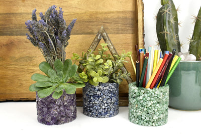 3 Tumbled Stone Pot Holders in Amethyst, Sodalite and Green aventurine 