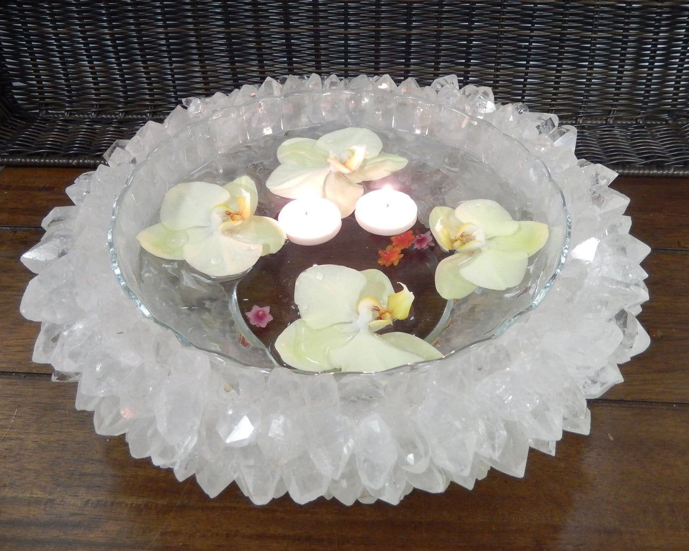crystal point bowl with flowers floating