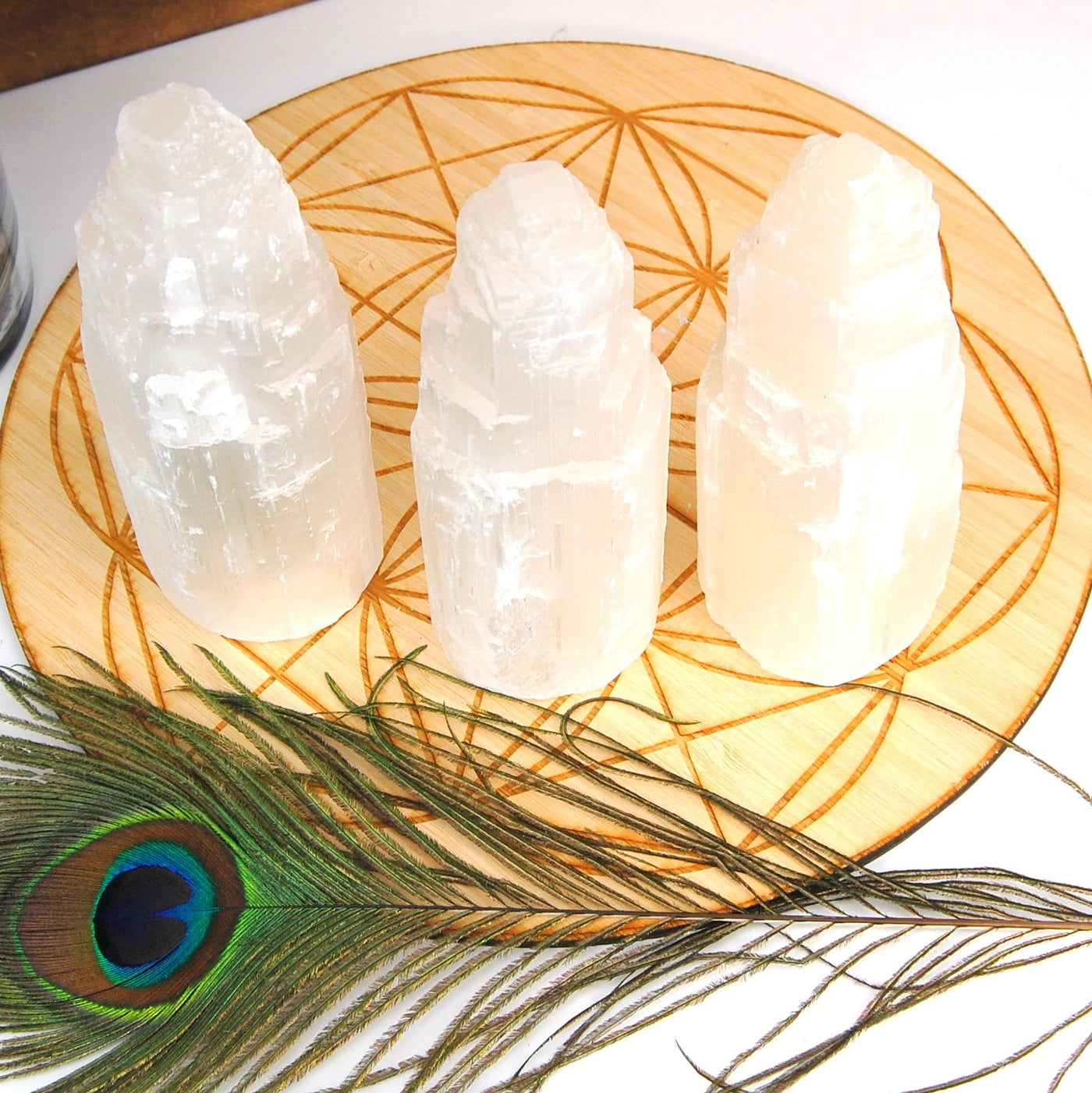 overhead view of selenite raw crystal tower lights for details