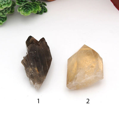 overhead view of both labeled smokey quartz points