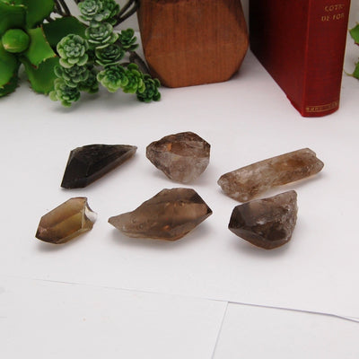 all six smokey quartz point options on display