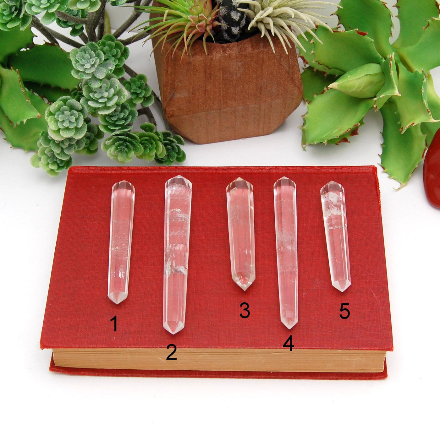5 Double Terminated Crystal Quartz Points Different Size on Red Book Background. 